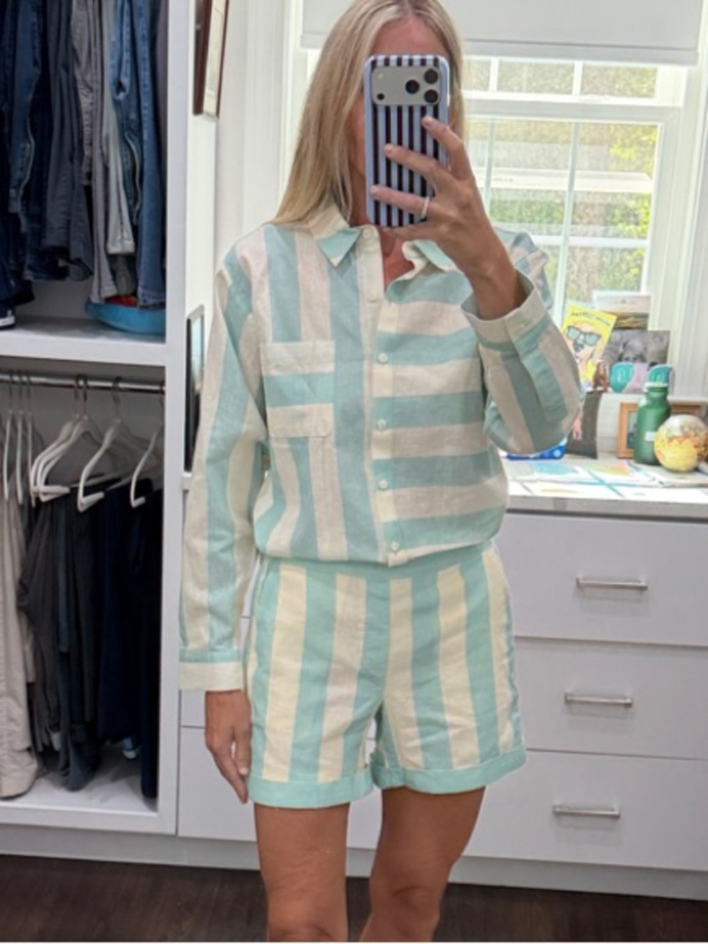 Spartina 449 Striped Blouse & Short Set in Mint and Cream XS NWT